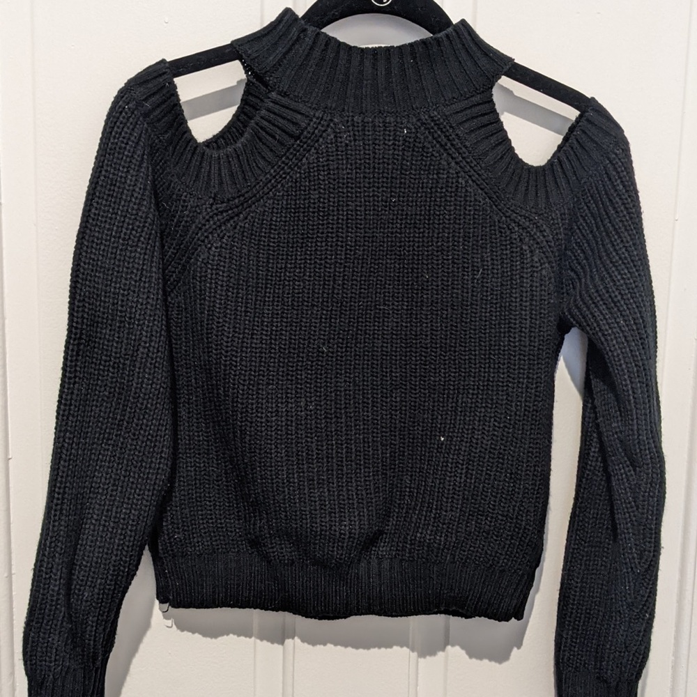 Black Cold Shoulder Mock Neck Knit Crop Sweater